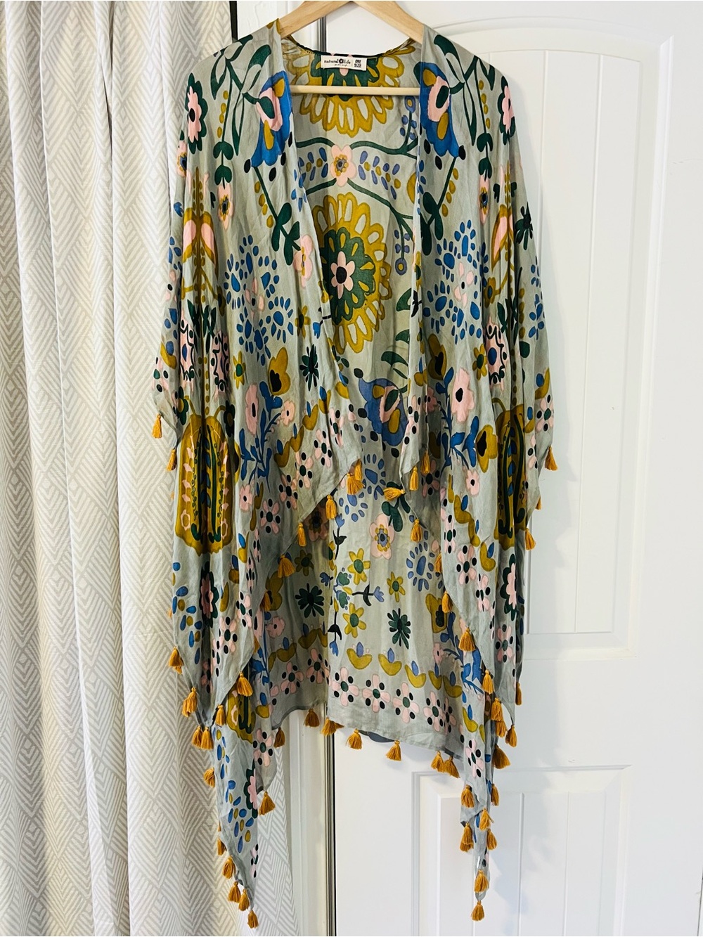 NATURAL LIFE Floral Boho Kimono Robe with Tassels in Sage, Mustard & Blue